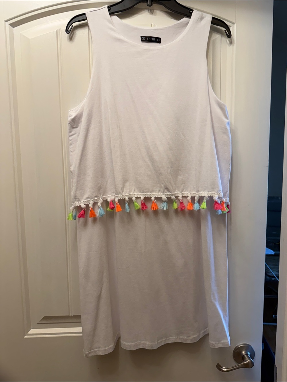 SHEIN White Sleeveless Dress with Neon Tassel Trim